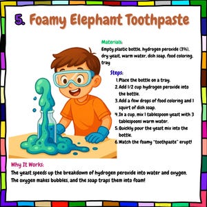 May include: Illustration of a child wearing safety goggles, performing a science experiment. The experiment, labeled "Foamy Elephant Toothpaste," involves a bottle with blue foam erupting. Instructions and materials are listed.