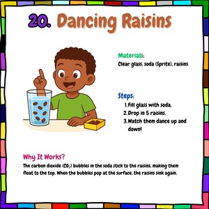 May include: A colorful educational graphic titled "Dancing Raisins" shows a child pointing at a glass of soda with raisins. The text explains the experiment, listing materials and steps. The graphic is framed with a colorful border.