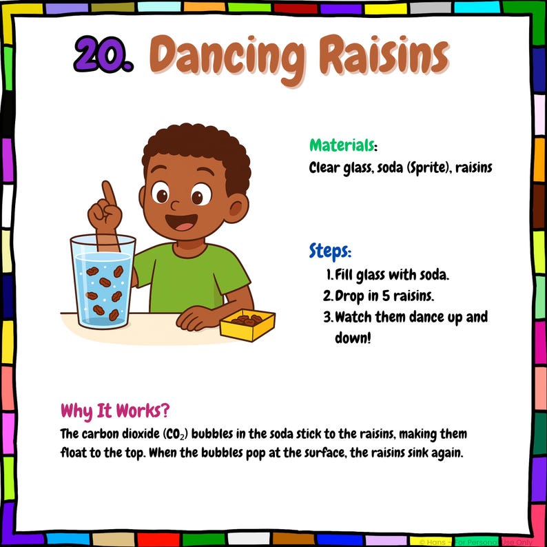May include: A colorful educational graphic titled "Dancing Raisins" shows a child pointing at a glass of soda with raisins. The text explains the experiment, listing materials and steps. The graphic is framed with a colorful border.