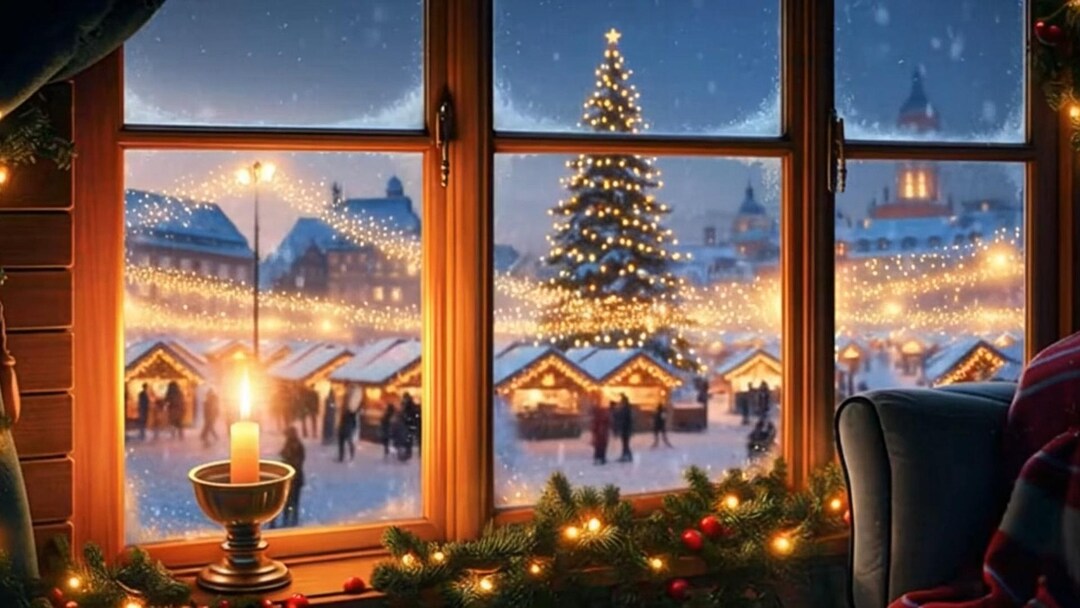 Cozy Christmas Market Window View Ambience | Candlelit Winter Window