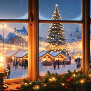 Peut inclure: Scène hivernale chaleureuse vue à travers une fenêtre. Une bougie allumée dans un support en laiton est au premier plan. À l'extérieur, un sapin de Noël et des étals de marché illuminés créent une ambiance festive. La neige recouvre le sol.