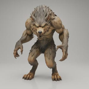 Op de afbeelding: Gedetailleerd beeldje van een weerwolf, staand in een dynamische pose. De figuur heeft een bruin en bruin kleurenschema met een gespierde bouw, scherpe klauwen en een grommende uitdrukking. De ogen zijn groen.