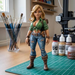 May include: A detailed figurine of a woman in a green shirt, blue jeans, and brown boots. She has blonde hair and a backpack. Paint bottles and brushes are in the background. The figurine is on a green cutting mat.