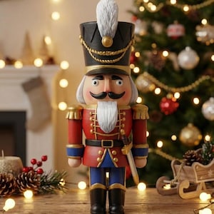 May include: A decorative wooden nutcracker soldier in a red and blue uniform with a black hat and white plume. The nutcracker has a mustache and is standing on a wooden surface, with a Christmas tree and lights in the background.