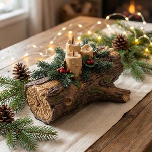 May include: A log-shaped candle holder with three ivory candles, evergreen and red berry accents. The decorative piece sits on a wooden table with a neutral runner. The scene evokes a cosy, festive atmosphere, perfect for the holiday season.
