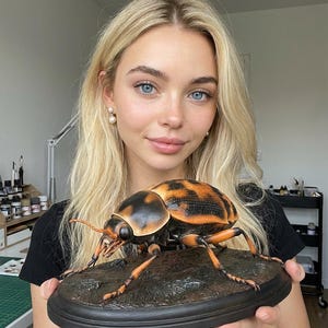 Può includere: Una scultura dettagliata di uno scarabeo con un guscio a motivi arancioni e neri, lunghe antenne e sei zampe. Lo scarabeo è montato su una base scura e strutturata. La scultura è tenuta in mano.