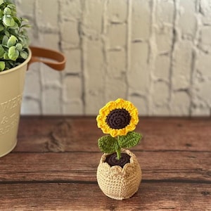 May include: A small crochet sunflower with a dark brown centre and bright yellow petals, featuring two green leaves on a stem. The flower is planted in a round, beige, textured crochet pot with a scalloped top edge.