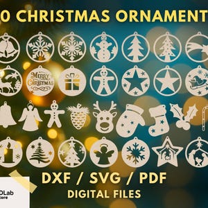 Paquete de 30 adornos navideños / Diseño vectorial festivo / Archivo DXF, SVG y PDF / Archivo cortado con láser / Descarga digital instantánea