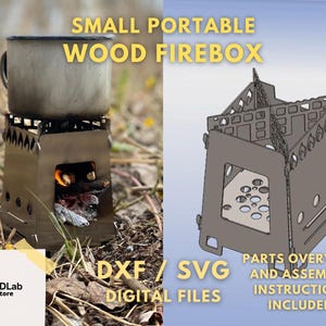 Könnte beinhalten: Ein kleiner, tragbarer Holzfeuerkasten mit einer Tasse obenauf, Flammen im Inneren sichtbar. Das Bild enthält den Text "SMALL PORTABLE WOOD FIREBOX" und "DXF / SVG DIGITAL FILES". Ein CADLab Store-Logo ist ebenfalls vorhanden.