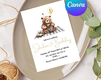 Editable Beary First Birthday Invitation, 1st Birthday Teddy Bear Neutral Invite Beary First Boho Birthday, Brown Balloon Bear Birthday