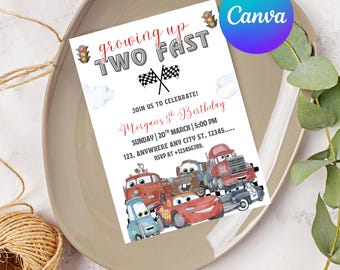 Cars Birthday Party Invitation, Lightning Mcqueen Birthday, Cars Party Invite, Second Birthday Party Invitation, Two Fast, 2, Canva Editable