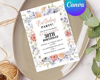 Wildflower Birthday Invitation, Floral Party Invite (Canva Editable, Digital Download)