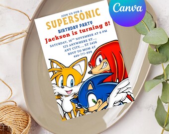 Blue Hedgehog Birthday Invitation, Super Speed Boys Party Invite, Editable Gaming Birthday Template