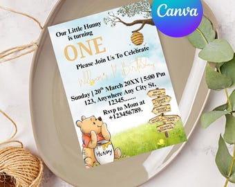 Classic Bear First Birthday Invitation | Editable Canva Template | Honey Bear 1st Birthday Party Invite | Printable 5x7 | Instant Download