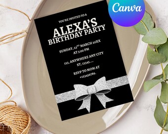 Silver Ribbon Bow Birthday Invitation, Elegant Silver Birthday Invite, Personalized Silver Gray Digital Download