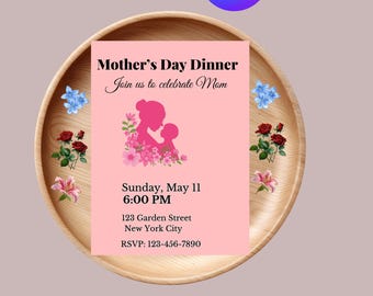Editable Mothers Day Dinner Invitation Template, Pink Floral Mom Celebration Invite, Printable Mothers Day Party Invitation, Canva Template