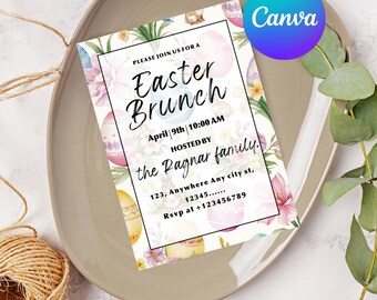 Easter Egg Hunt Invitation Template | Editable Canva Easter Brunch Invite | Spring Floral Printable Party Invitation