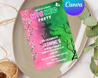 Wicked Birthday Invitation Template, Editable Canva Witch Party Invite, Princess Theme, Instant Download