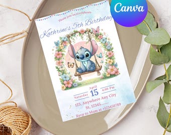 Editable Stitch Birthday Party Invitation Template, , Stitch Birthday pool Party Invitation, Stitch Bday evite, Cartoon Birthday Invitation