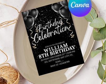 Editable Black Balloons Birthday Party Invitation Digital Birthday Dinner Invite, Instant Download, Canva Template