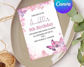 Butterfly Birthday Invitation | Watercolor Butterfly Girl Birthday Invite | Editable Canva Template | Toddler Butterfly Party Invitation