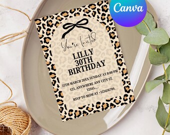 Cheetah Print Birthday Invitation | Editable Canva Template | Black Bow Coquette Party Invite | Printable 5x7 | Instant Download