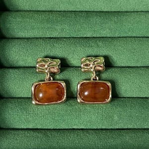 Orecchini pendenti vintage con pietra marrone, placcati in oro 14 carati, orecchini retrò in oro, gioielli con perno in argento