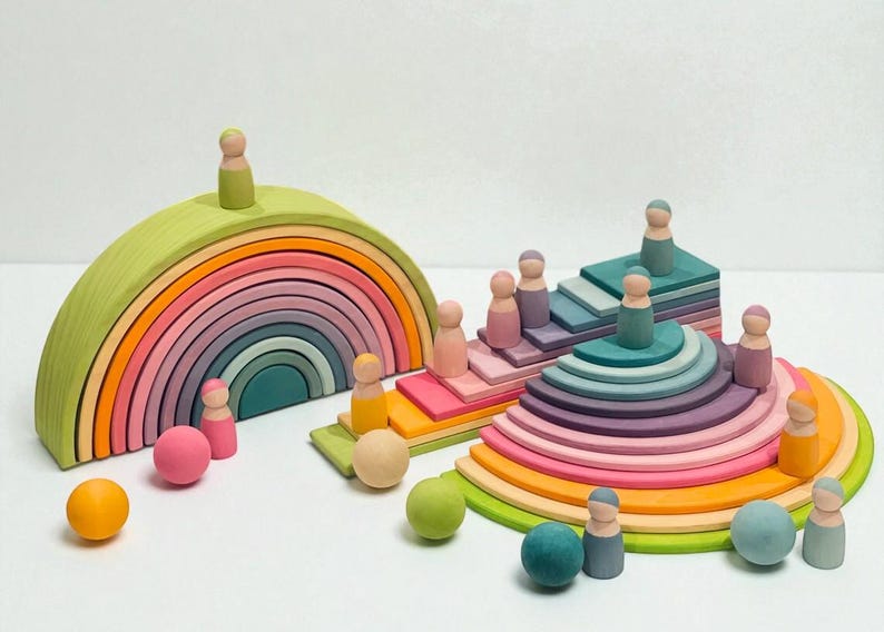 Wooden Rainbow Stacker Bundle| Montessori Waldorf Open-ended Play Gift ...