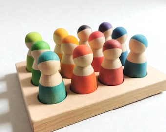 Handcrafted Wooden Peg Dolls with Sorting Board| Rainbow Friends| Montessori Toy