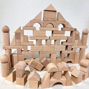 May include: A collection of natural wood building blocks in various shapes, including cubes, arches, triangles, and cylinders. The blocks are arranged to form a structure, showcasing the versatility of the toy for creative play and construction.