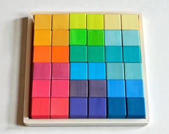 Handcrafted Wooden Mosaic Cubes with Tray | Waldorf Montessori Building Blocks Toy| Toddler Gift