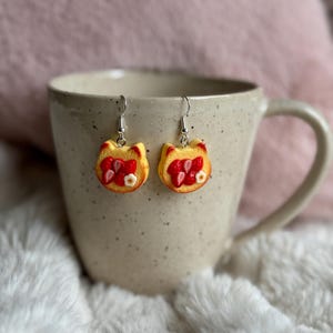 Cat Strawberry Toast Earrings, Sterling Silver, Cat Lover Gift