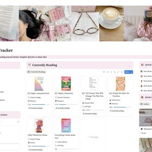 May include: A digital reading tracker template with a pink and white color scheme. The template includes sections for book tracking, reading goals, and book recommendations. The image also features books, a drink, and a person reading.