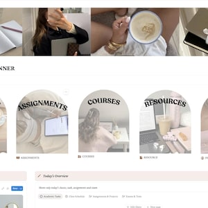 May include: A website interface for an academic planner, featuring sections for academic, assignments, courses, resources, and personal development. The design incorporates soft, neutral tones and includes images of a laptop, coffee, and other study-related items.