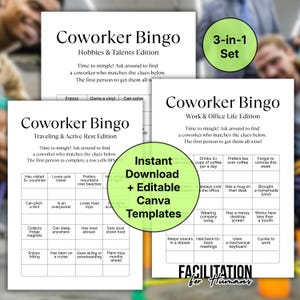 May include: Three "Coworker Bingo" game templates, including "Hobbies & Talents," "Traveling & Active Rest," and "Work & Office Life" editions. The templates are white with black text and include a green "3-in-1 Set" circle.