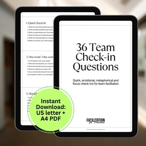 May include: Two digital tablets displaying a document titled "36 Team Check-in Questions." The document includes questions for team facilitation. The tablets also show the text "Instant Download: US letter + A4 PDF."