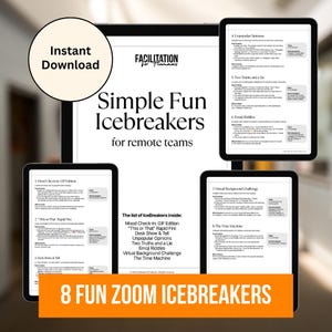 May include: Digital download of icebreaker activities for remote teams. The image shows a tablet and three other devices displaying pages with icebreaker instructions. The text includes "Simple Fun Icebreakers" and "8 Fun Zoom Icebreakers."