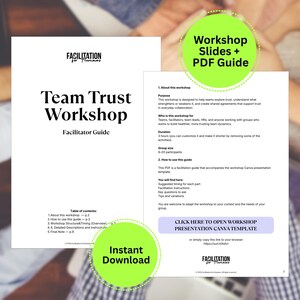 May include: A facilitator guide and workshop slides for a Team Trust Workshop. The guide is titled "Team Trust Workshop Facilitator Guide" and includes a table of contents. The slides are labeled "Workshop Slides + PDF Guide" and offer an instant download.