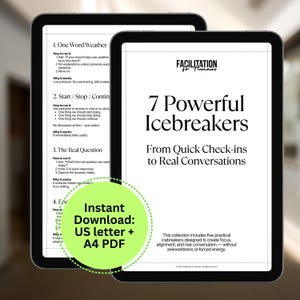 May include: Two digital tablets displaying a guide titled "7 Powerful Icebreakers" with the text "From Quick Check-ins to Real Conversations." A green circle states "Instant Download: US letter + A4 PDF."