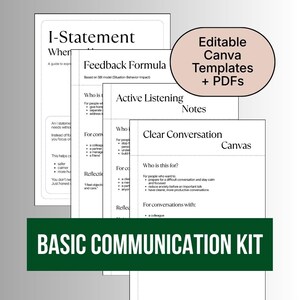 Op de afbeelding: Een verzameling communicatiemiddelen, waaronder sjablonen en PDF's, ontworpen om communicatievaardigheden te verbeteren. De afbeelding toont gidsen over Ik-Statements, feedbackformules, actief luisteren en heldere gesprekken. De kit is gelabeld "Basic Communication Kit".