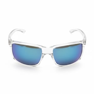 May include: Clear rectangular sunglasses with blue mirrored lenses. The frames are transparent, and the lenses reflect a vibrant blue hue. A modern eyewear accessory.