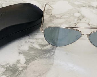 Ray-Ban RB R0101S Aviator REVERES Sunglasses 003/30 LightBlue Mirror SilverFrame W/Case Pre-Owned