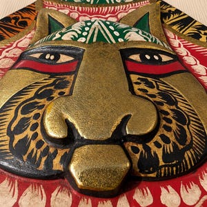 Vintage Indonesian Hand-Carved Folk Art Grumpy Cat Wall Plaque, 1994