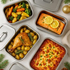 Könnte beinhalten: Edelstahl-Lebensmittelbehälter gefüllt mit geröstetem Gemüse, Lachs mit Zitronenscheiben, einer Hähnchenkeule mit Kartoffeln und einem Auflauf. Die Behälter haben Deckel und sind auf einer weißen Oberfläche mit Weihnachtsdekorationen angeordnet.