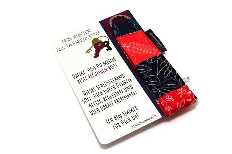 Besonderes Geschenk Geburtstagsgeschenk für beste Freundin, bunter Schlüsselanhänger mit liebevoller Postkarte Lieblingsmanufaktur Rot-Marineblau