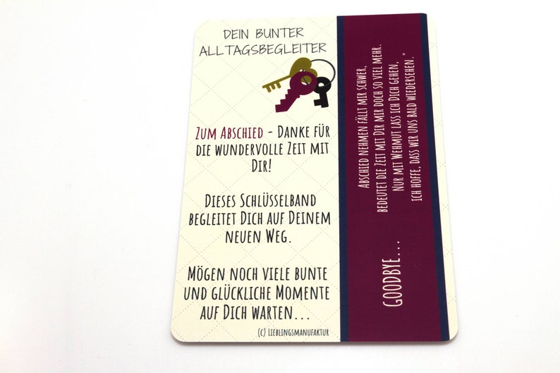 Abschiedsgeschenk Kollegin, Geschenk Freundin Abschied, bunter Schlüsselanhänger mit liebevoller Postkarte Lieblingsmanufaktur image 3