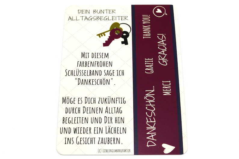 Dankeschön Geschenk, von Herzen danke sagen, bunter Schlüsselanhänger mit Postkarte als kleines Geschenk auch zum verschicken image 3