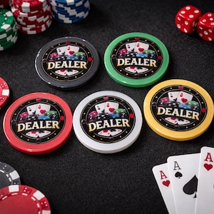 May include: Poker chips in various colors, including red, green, black, white, and yellow, with the word "DEALER" printed on them. The chips feature a playing card design. Also visible are playing cards and red dice.