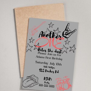 May include: A gray birthday invitation with rock and roll themed graphics. The invitation includes a guitar, hand gesture, stars, and drum set. Text includes "Another One Bites the Dust" and event details.