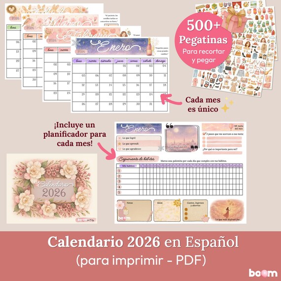 CALENDARIO 2026 en Español. Con Planificador y Pegatinas. Calendario digital de escritorio o de pared. Carta y A4. Empieza lunes o domingo.